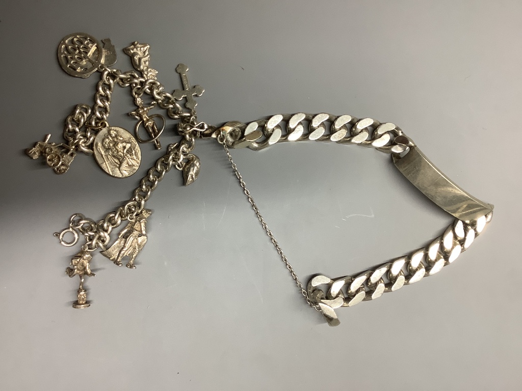 Mixed collectables including silver identity bracelet, war medal, wrist watch and costume jewellery.